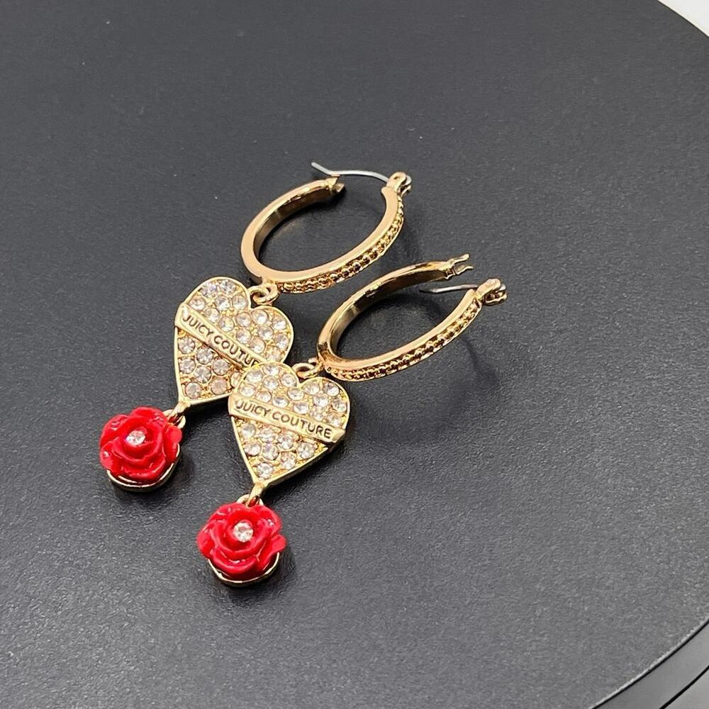 Juicy Couture‎ Gold Hoop Earrings Crystal Pave Heart Red Rose Charm